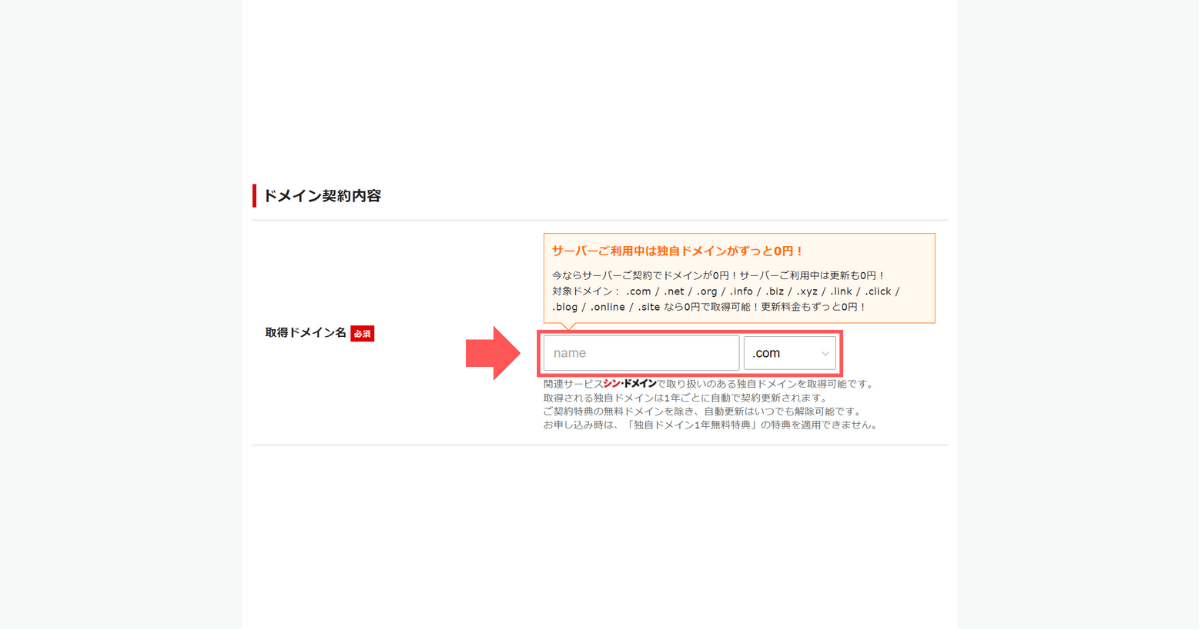 シン・レンタルサーバーのドメイン契約内容（取得ドメイン名）を決める