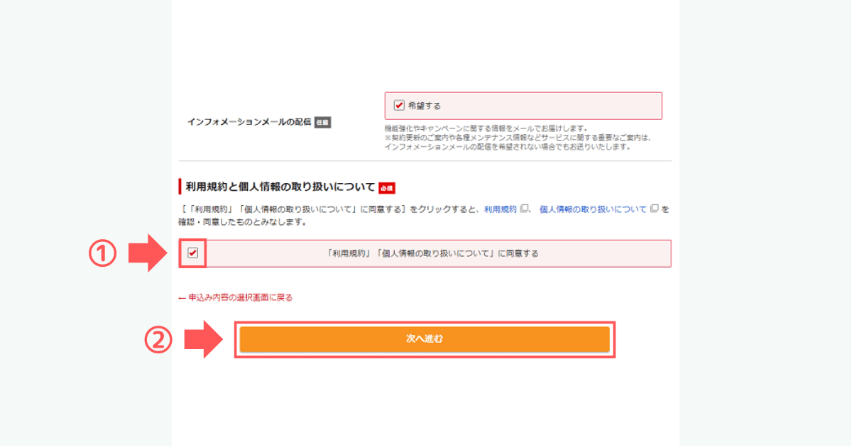 シン・レンタルサーバーの「利用規約と個人情報の取り扱いについて」に同意し「次へ進む」をクリック